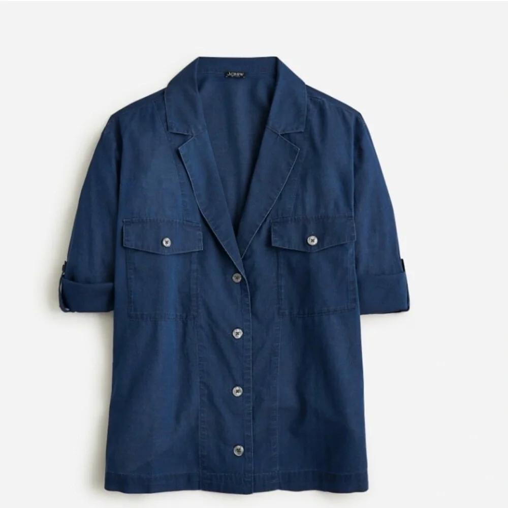 J Crew Camp Collar Shirt Womens 12 Blue V
Neck Cotton Voile Button Up Roll Tab - Picture 2 of 11